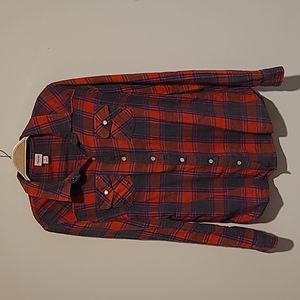 Mossimo, M, Red/Grey/Blue Plaid, Long-sleeved Pearl Snap Button Down Shirt